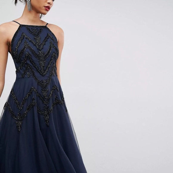 NWOT‎ ASOS Design  navy blue tulle dress with black beading and open back - Picture 4 of 9